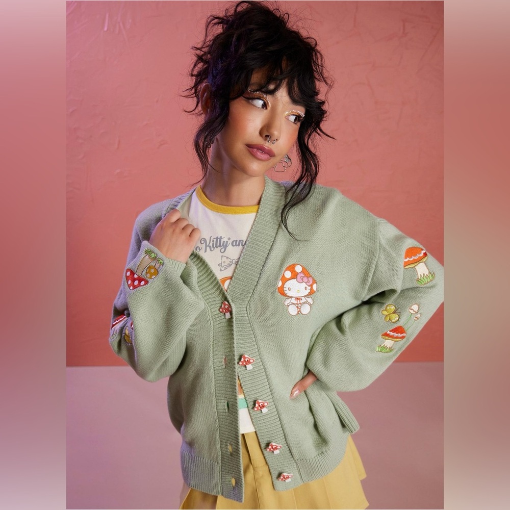 Hot Topic Green Cardigan with Mushroom Embroidery